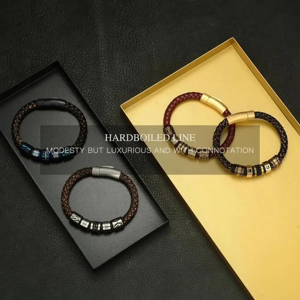 8mm Red Braided Full-Grain Leather Men's Bracelet Stainless steel Shining Golden Beads Charm Bracelets