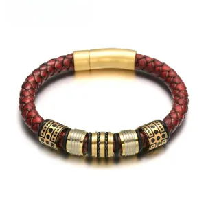 8mm Red Braided Full-Grain Leather Men's Bracelet Stainless steel Shining Golden Beads Charm Bracelets