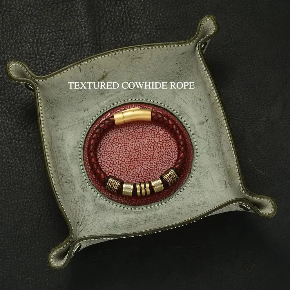 8mm Red Braided Full-Grain Leather Men's Bracelet Stainless steel Shining Golden Beads Charm Bracelets