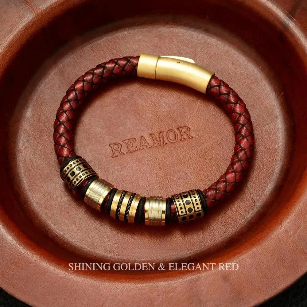 8mm Red Braided Full-Grain Leather Men's Bracelet Stainless steel Shining Golden Beads Charm Bracelets
