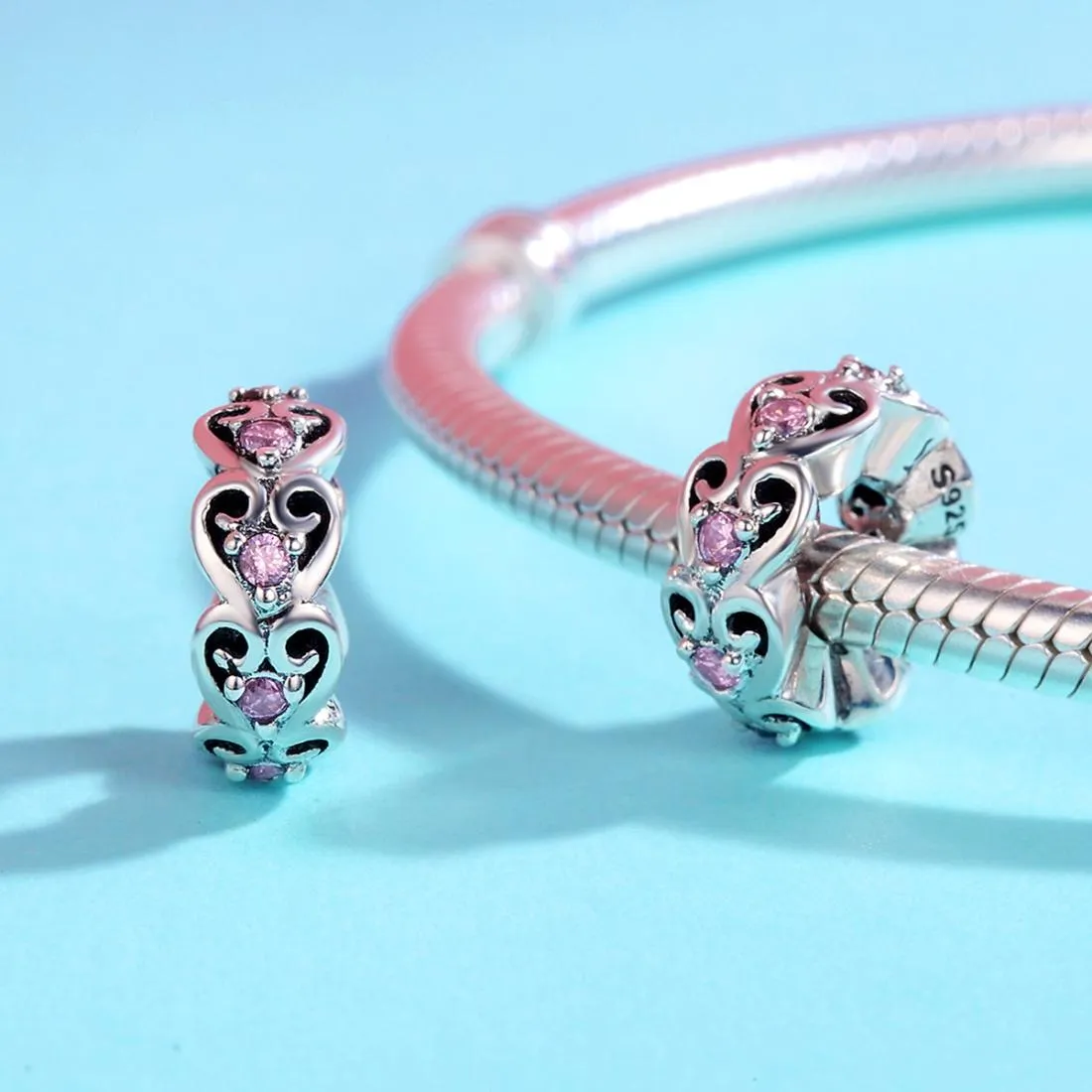 925 Sterling Silver Cat Heart Diamond Bead Bracelet / Necklace Accessory