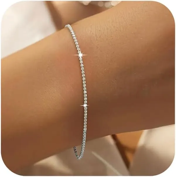 925 Sterling Silver Cubic Zirconia Tennis Bracelet for Women Sparkling Classic 1mm Simulated Diamond Charm Chain Bracelets Bridal Wedding Birthday Jewelry Gifts for Wife Mom (Silver, 1 mm)