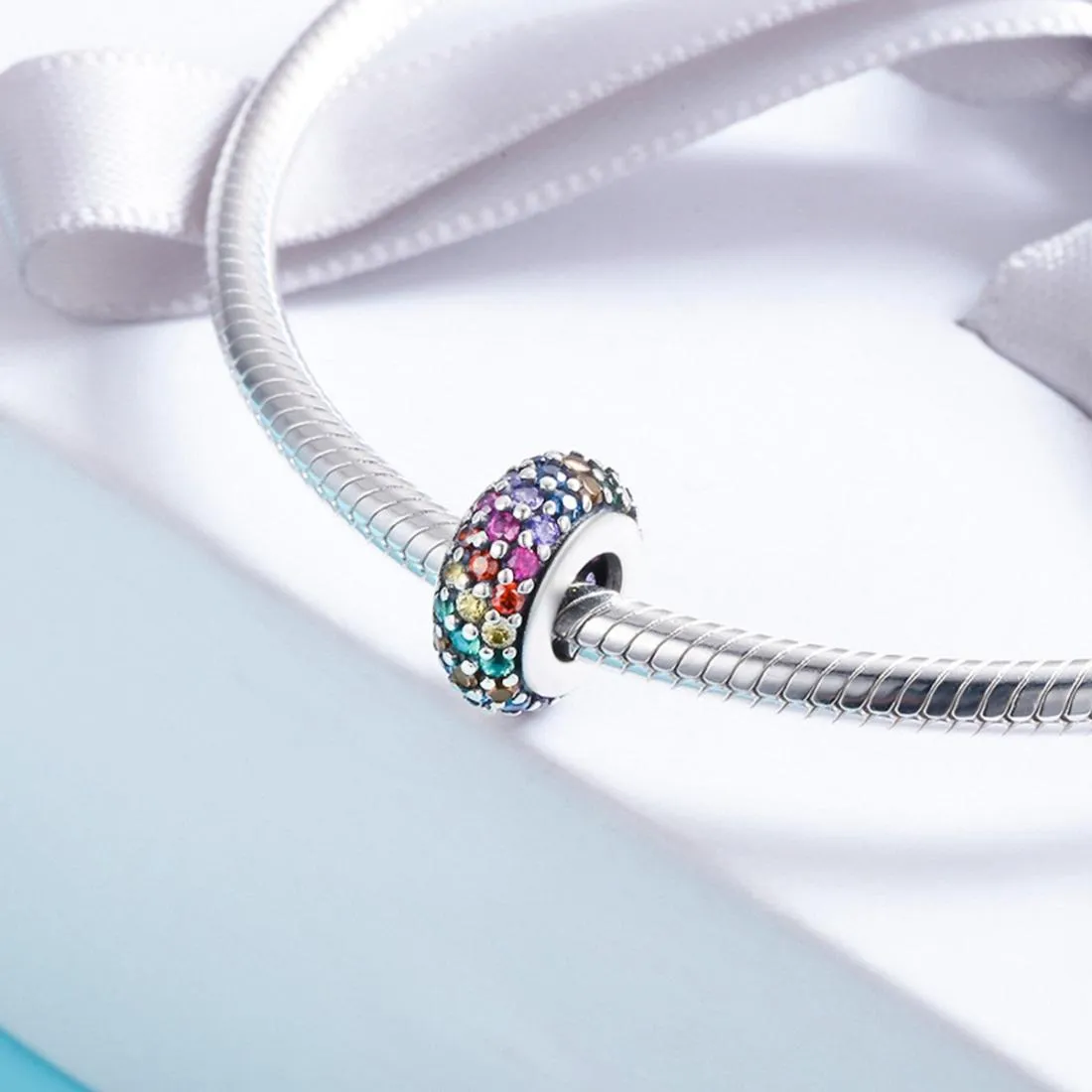 925 Sterling Silver Rainbow Diamond Bead Pendant For Diy Bracelets And Necklaces