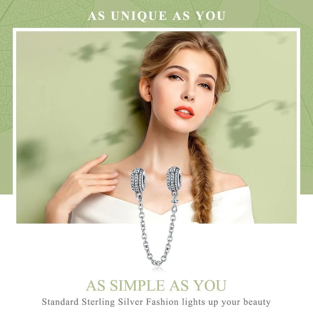 925 Sterling Silver Simple Diamond Beaded Bracelet Safety Chain