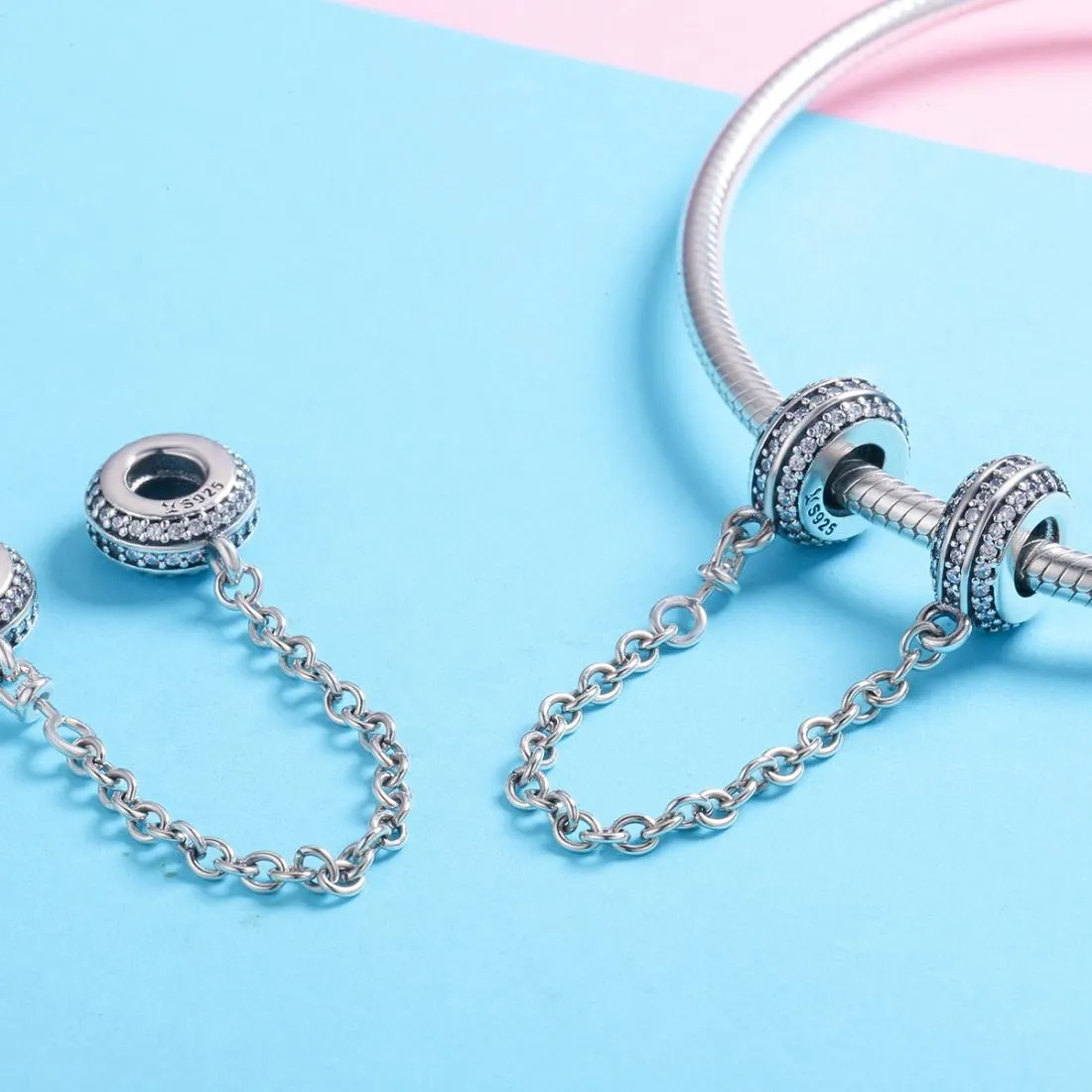 925 Sterling Silver Simple Diamond Beaded Bracelet Safety Chain