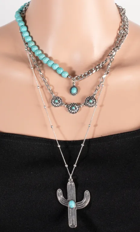 Antique Silver Saguaro Layered Necklace