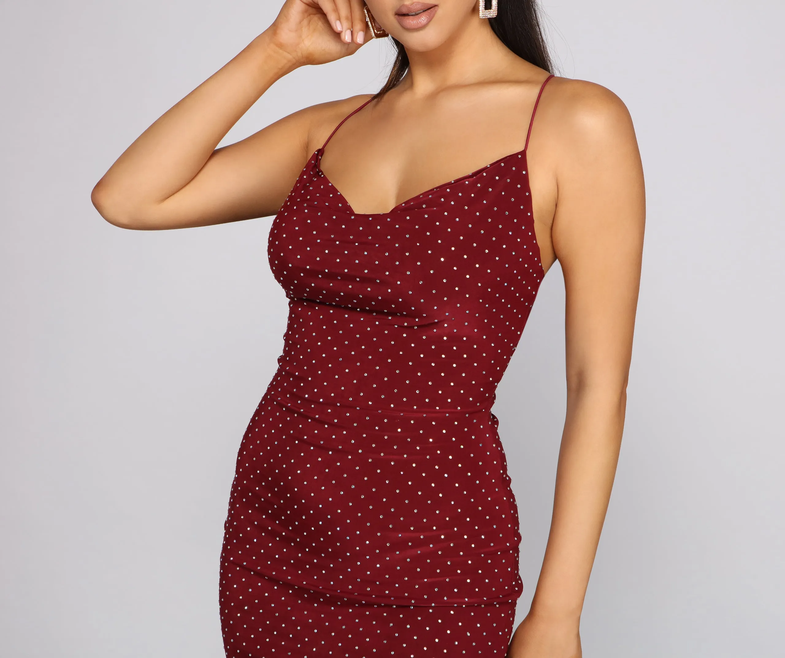 Avery Formal Heat Stone Cowl Neck Mini Dress
