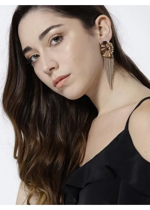 Beige Rose Gold-Plated Handcrafted Tasseled Contemporary Drop Earrings