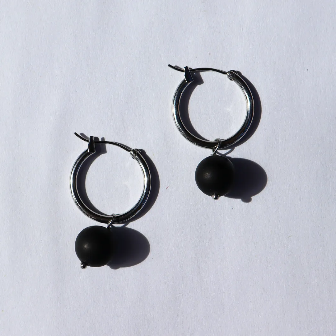 Black Onyx & Silver Hoop Earrings