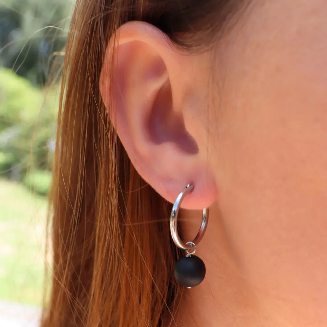 Black Onyx & Silver Hoop Earrings