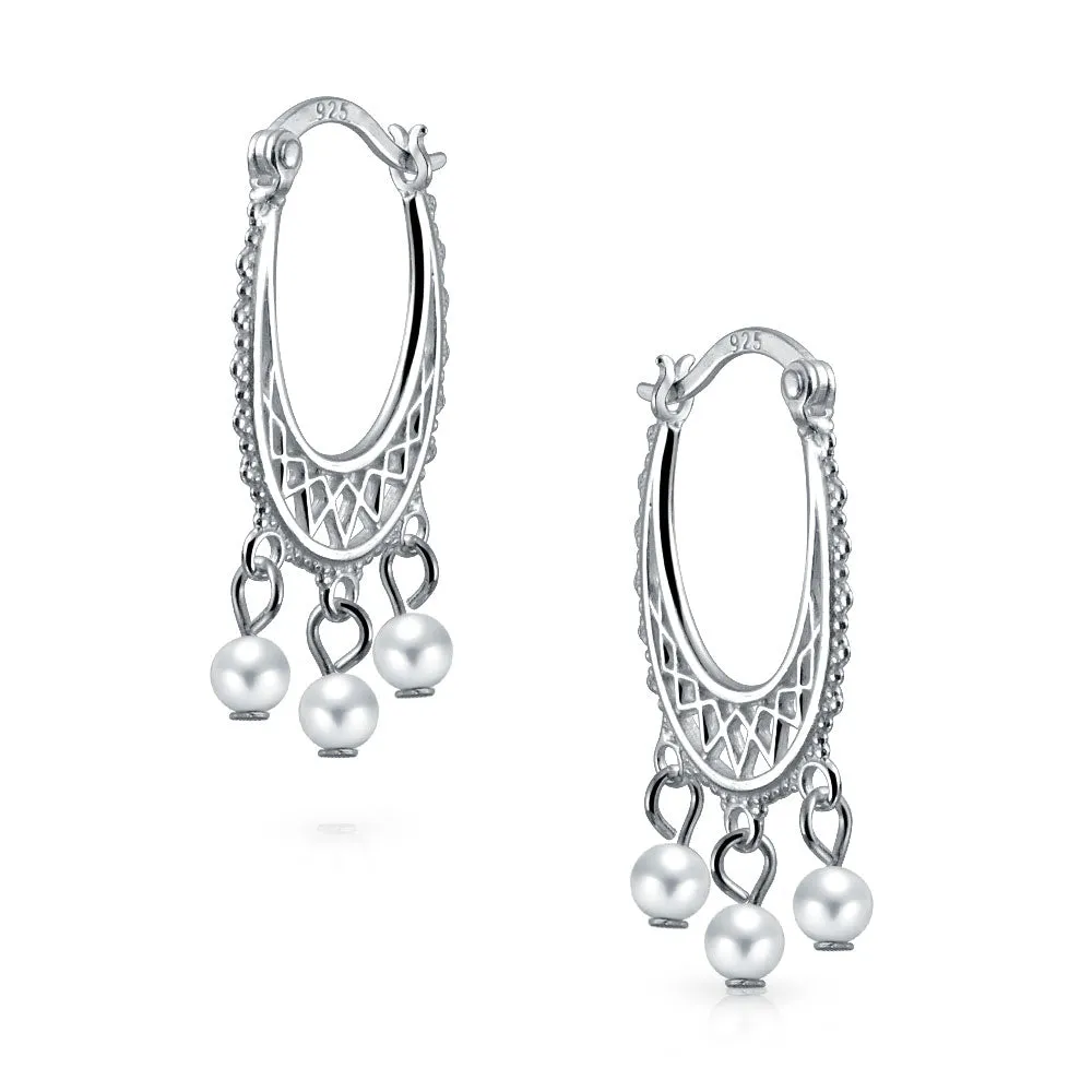 Boho Ethnic Hoop Huggie Earrings with Pearl Tassel Beads Silver Filigree