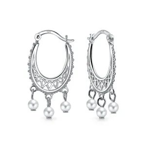 Boho Ethnic Hoop Huggie Earrings with Pearl Tassel Beads Silver Filigree