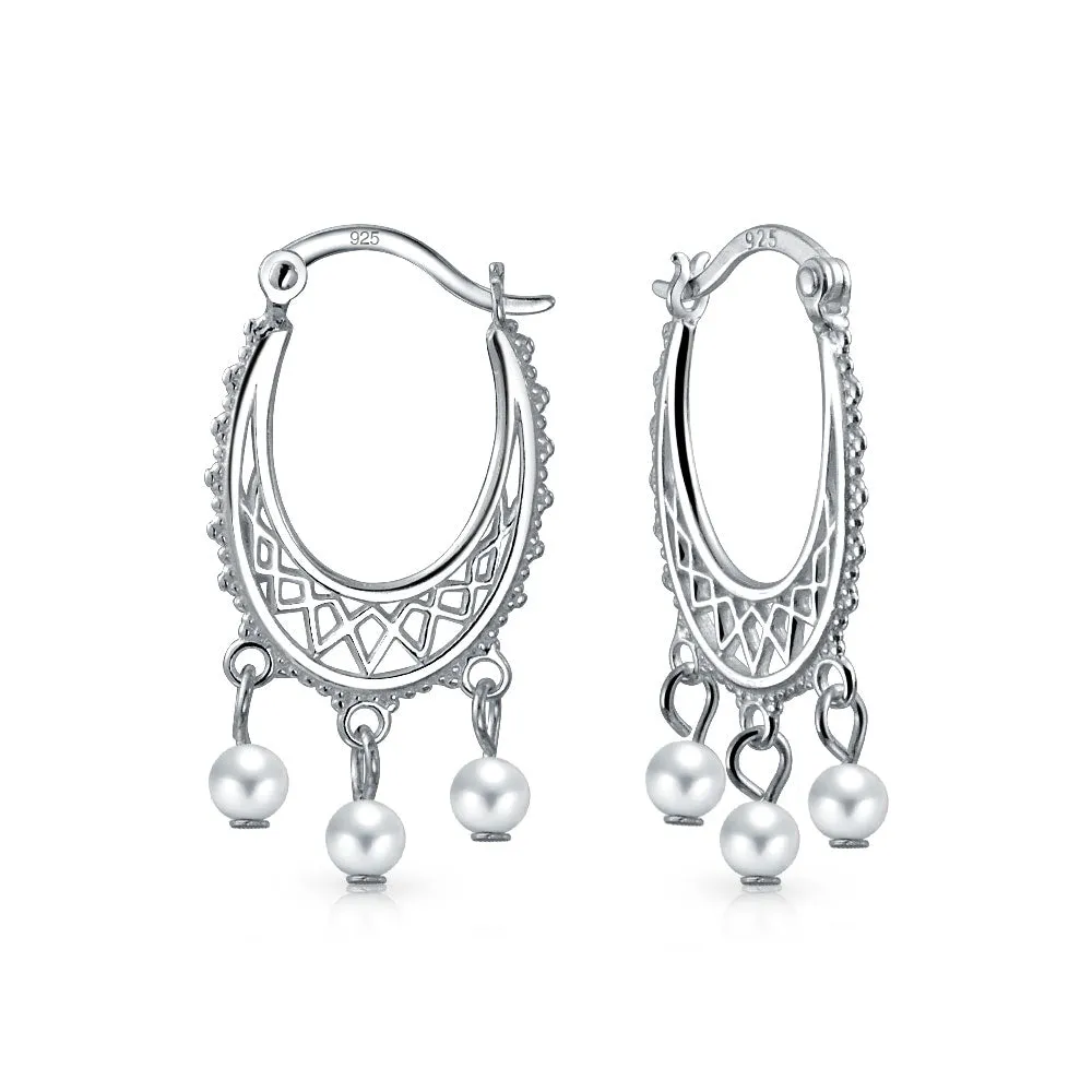 Boho Ethnic Hoop Huggie Earrings with Pearl Tassel Beads Silver Filigree