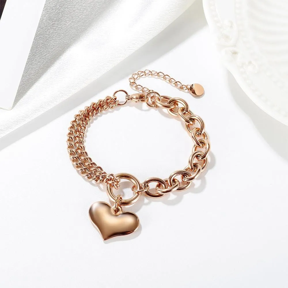 Boxed Lovely Heart Charm Dual Link Bracelet and Stud Earrings Set in Rose Gold