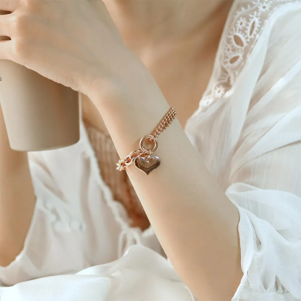 Boxed Lovely Heart Charm Dual Link Bracelet and Stud Earrings Set in Rose Gold
