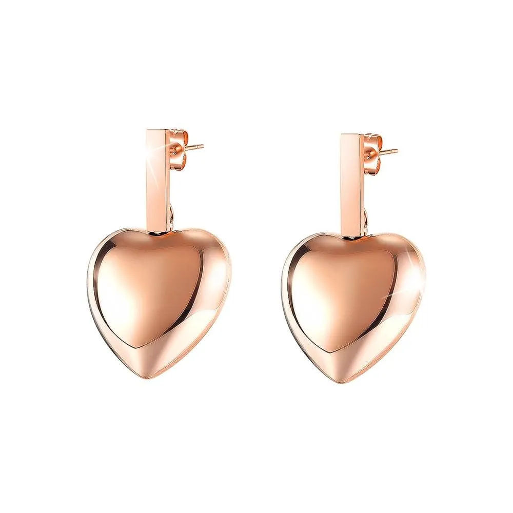 Boxed Lovely Heart Charm Dual Link Bracelet and Stud Earrings Set in Rose Gold