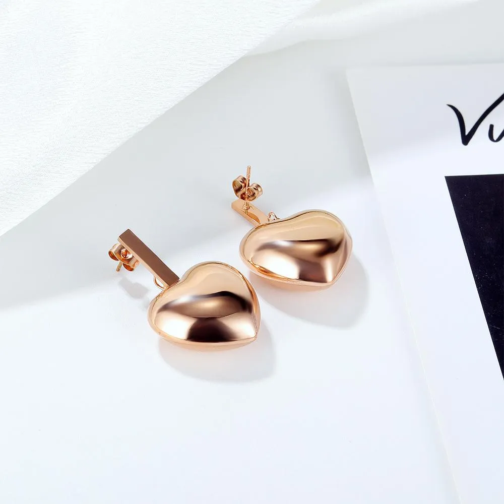 Boxed Lovely Heart Charm Dual Link Bracelet and Stud Earrings Set in Rose Gold