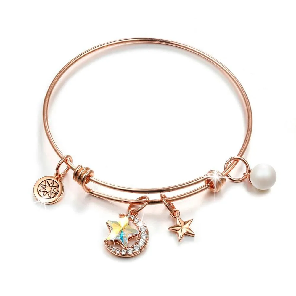 Boxed Star Moon Adjustable Bangle & Purity Pearl Stud Earrings Embellished With SWAROVSKI® Crystals Set