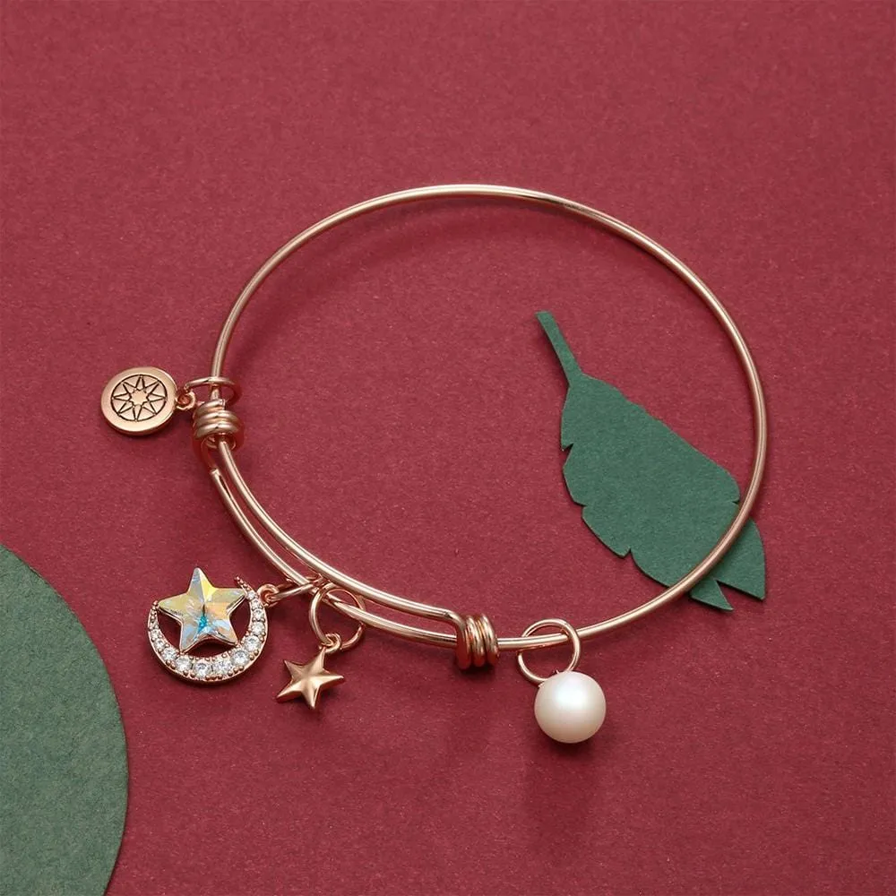 Boxed Star Moon Adjustable Bangle & Purity Pearl Stud Earrings Embellished With SWAROVSKI® Crystals Set