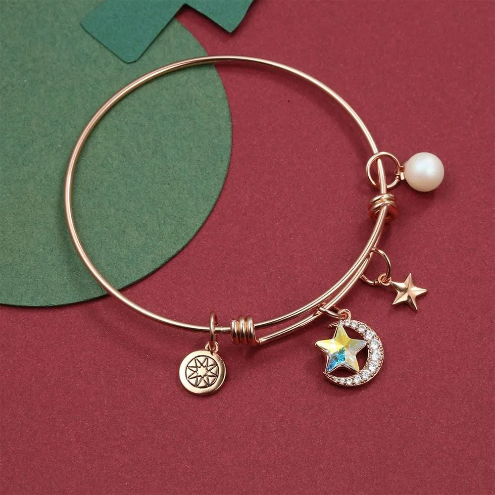 Boxed Star Moon Adjustable Bangle & Purity Pearl Stud Earrings Embellished With SWAROVSKI® Crystals Set