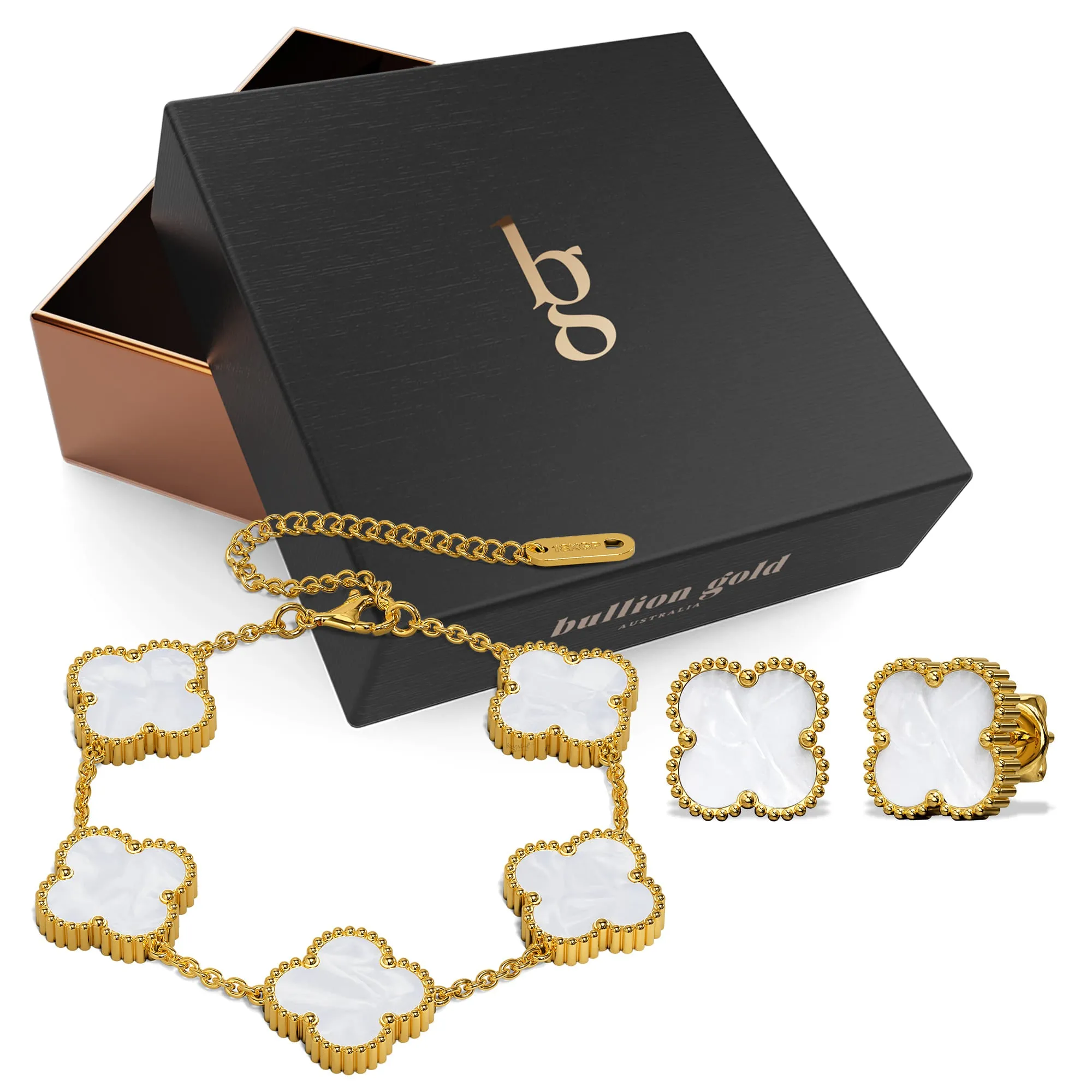 Boxed White Clover Bracelet and Earrings Set