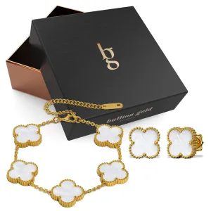 Boxed White Clover Bracelet and Earrings Set