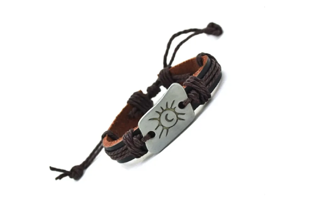 Braid Vintage Leather Moon Sun Charm Bracelet For Unisex