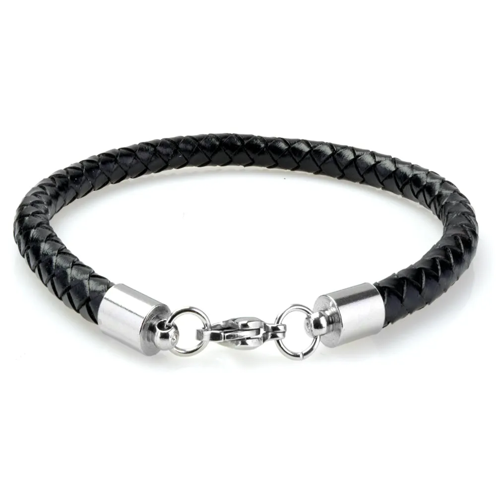 Braided Black Leather Mens Bracelet 6 MM 8.50 Inches with Lobster Stainless Steel Clasp