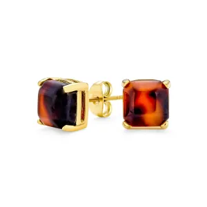 Brown Cushion Square Acrylic Tortoise Shell Stud Earrings 8MM 14K Gold Steel