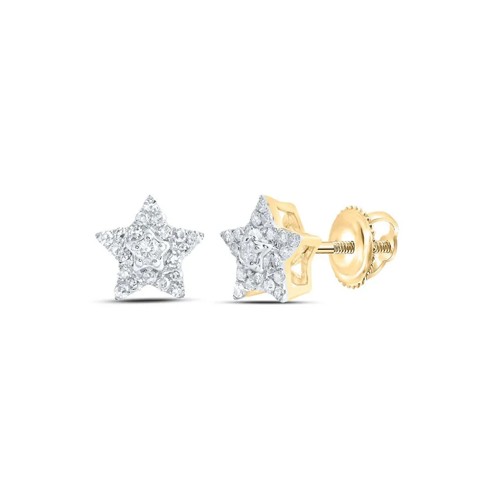 Celestial Brilliance: 10kt Yellow Gold Womens Round Diamond Star Earrings 1/5 Cttw