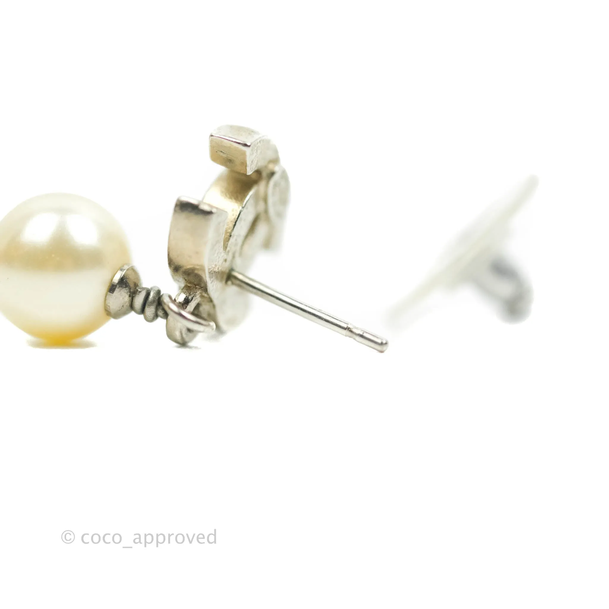 Chanel CC Pearl Drop Earrings Silver Tone 12W
