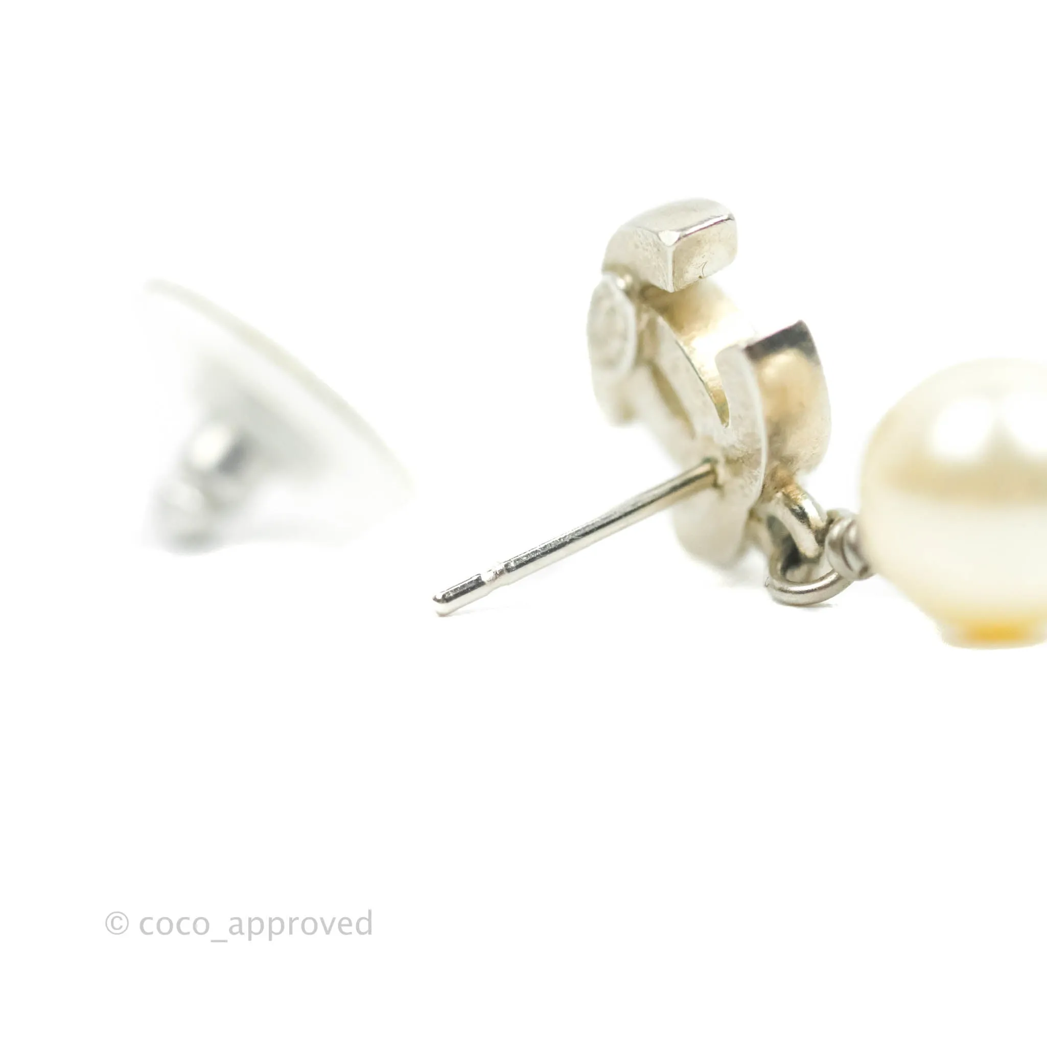 Chanel CC Pearl Drop Earrings Silver Tone 12W