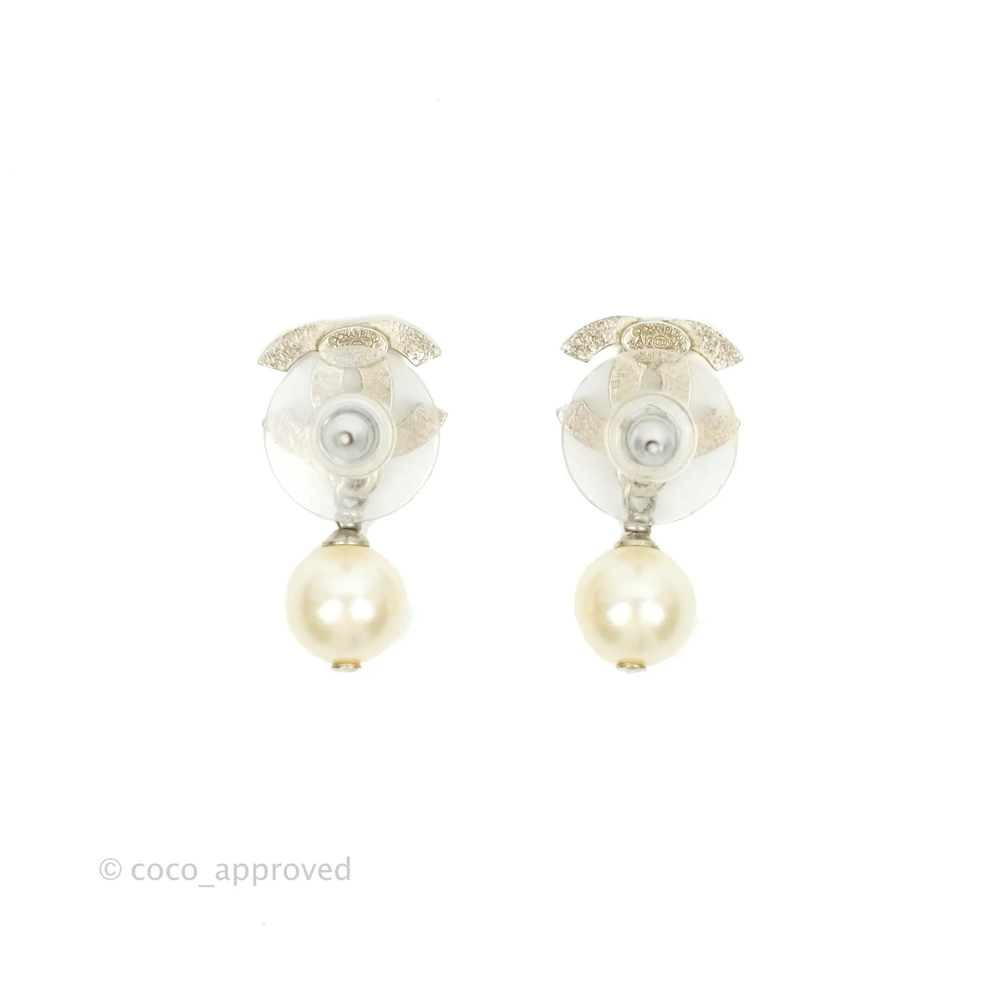 Chanel CC Pearl Drop Earrings Silver Tone 12W