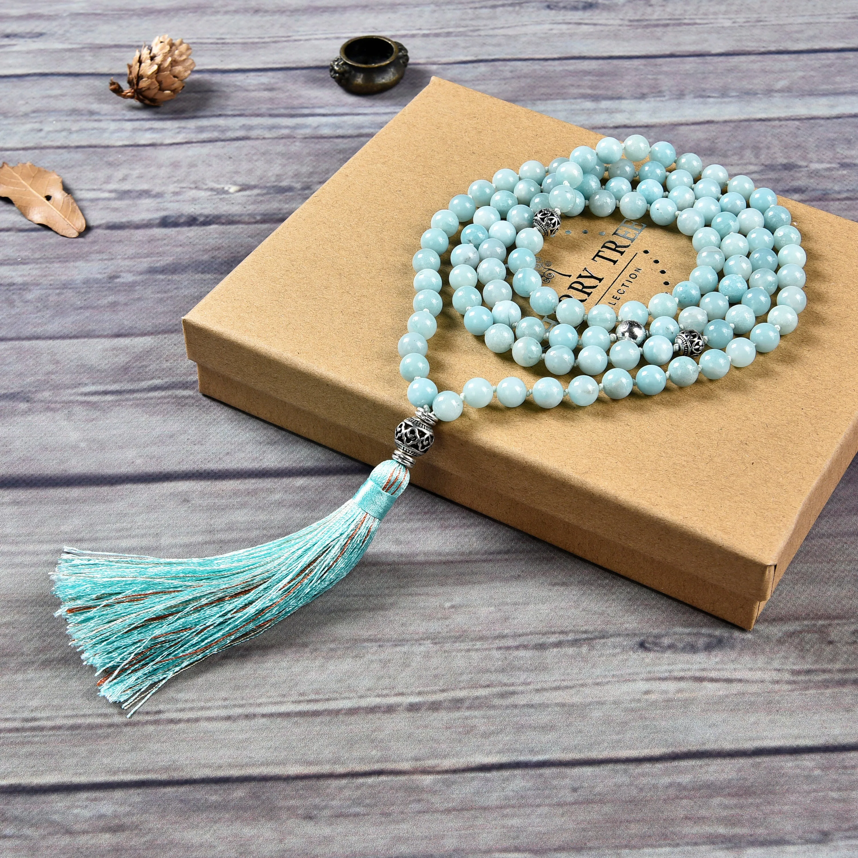 Cherry Tree Collection | Mala Necklace | 108 Hand-Knotted 8mm Round Beads (Amazonite)
