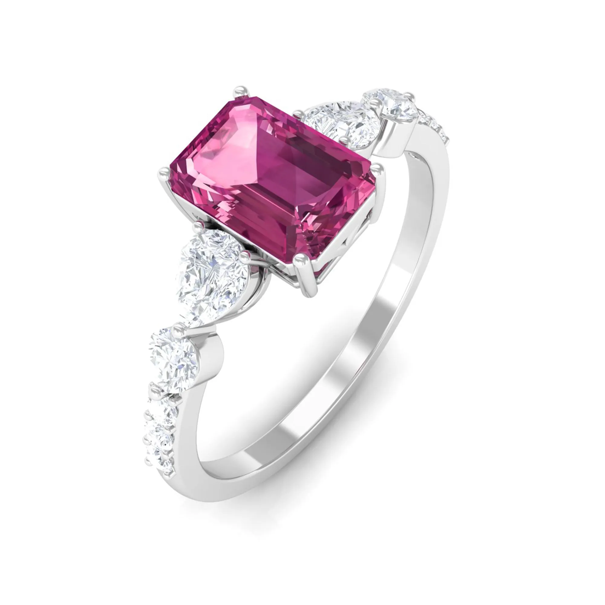 Classic Emerald Cut Pink tourmaline Solitaire Engagement Ring with Moissanite