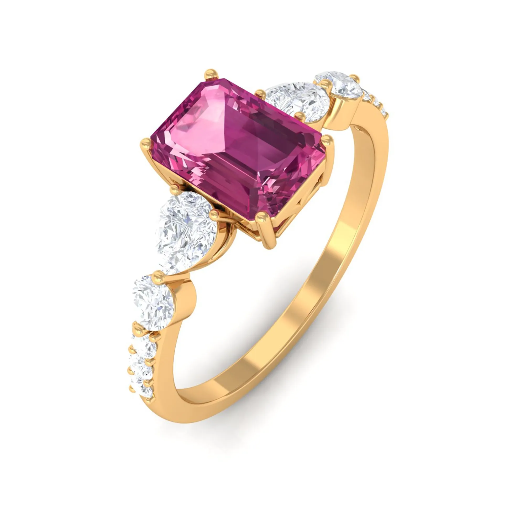 Classic Emerald Cut Pink tourmaline Solitaire Engagement Ring with Moissanite
