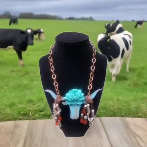 Cowabunga! - Crystal & Pearl Necklace - Unique Cow Head Design Pendant