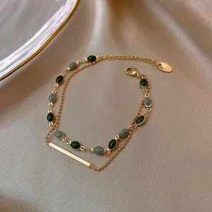 Crystal Charm Bracelets for Women - Gold Colour Beaded Chain Double Layered Adjustable Bracelets Jewellery
