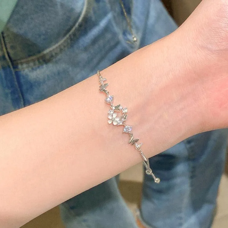 Crystal Charm Bracelets for Women - Gold Colour Beaded Chain Double Layered Adjustable Bracelets Jewellery