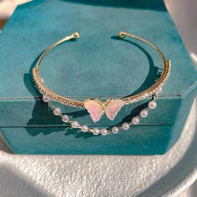 Crystal Charm Bracelets for Women - Gold Colour Beaded Chain Double Layered Adjustable Bracelets Jewellery