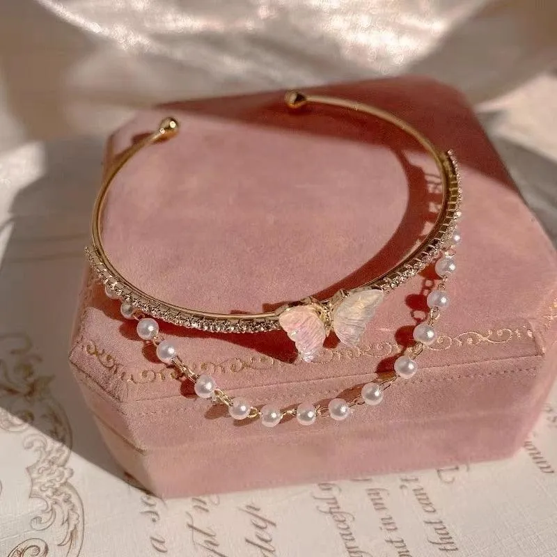 Crystal Charm Bracelets for Women - Gold Colour Beaded Chain Double Layered Adjustable Bracelets Jewellery