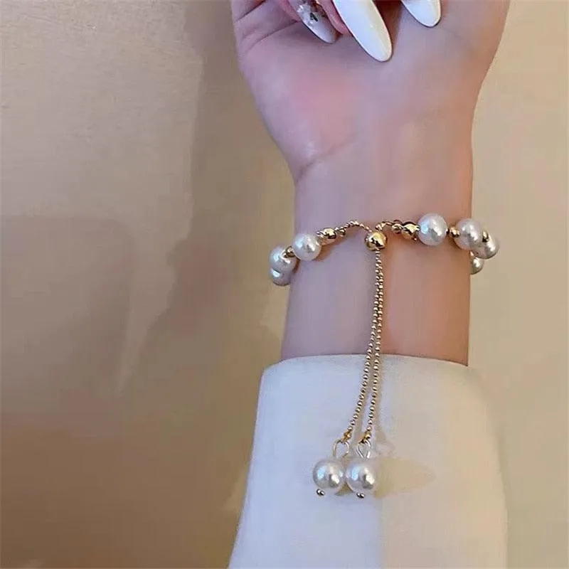 Crystal Charm Bracelets for Women - Gold Colour Beaded Chain Double Layered Adjustable Bracelets Jewellery