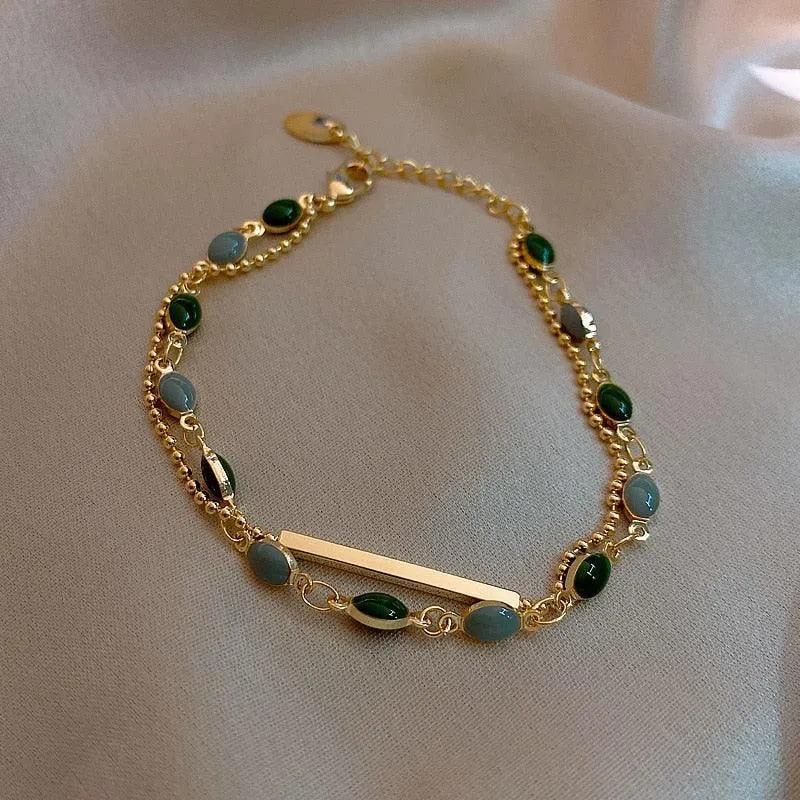 Crystal Charm Bracelets for Women - Gold Colour Beaded Chain Double Layered Adjustable Bracelets Jewellery