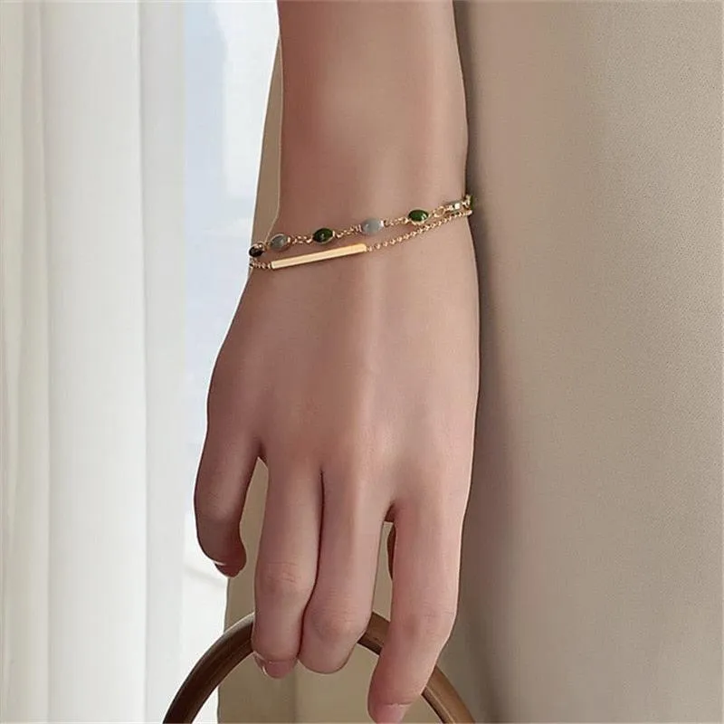 Crystal Charm Bracelets for Women - Gold Colour Beaded Chain Double Layered Adjustable Bracelets Jewellery