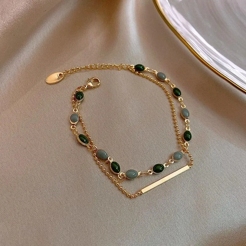 Crystal Charm Bracelets for Women - Gold Colour Beaded Chain Double Layered Adjustable Bracelets Jewellery