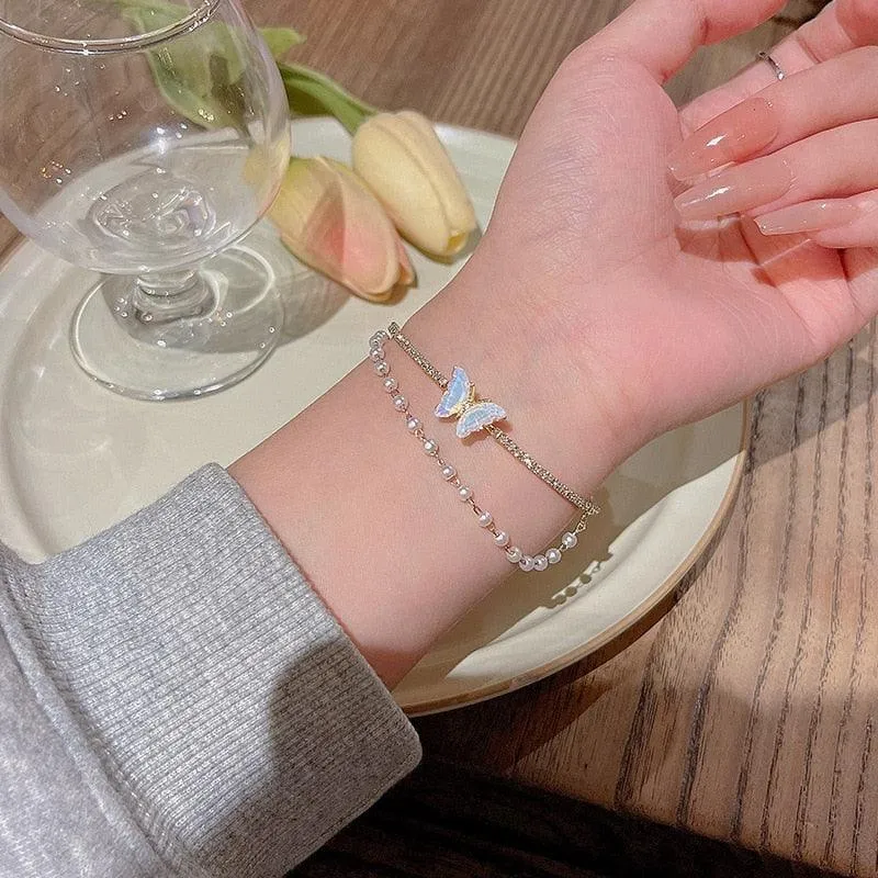 Crystal Charm Bracelets for Women - Gold Colour Beaded Chain Double Layered Adjustable Bracelets Jewellery