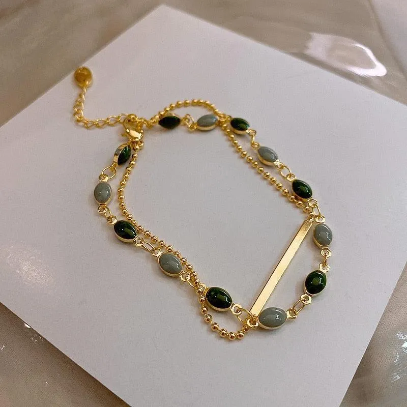 Crystal Charm Bracelets for Women - Gold Colour Beaded Chain Double Layered Adjustable Bracelets Jewellery