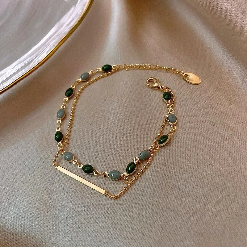 Crystal Charm Bracelets for Women - Gold Colour Beaded Chain Double Layered Adjustable Bracelets Jewellery