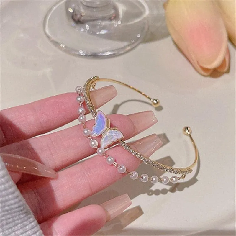 Crystal Charm Bracelets for Women - Gold Colour Beaded Chain Double Layered Adjustable Bracelets Jewellery