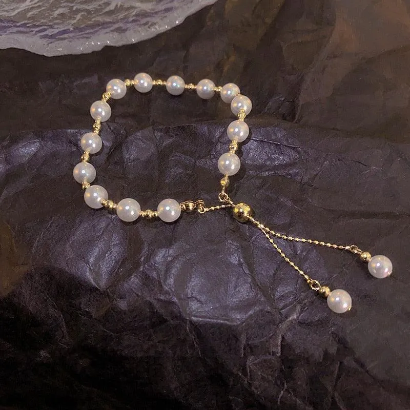 Crystal Charm Bracelets for Women - Gold Colour Beaded Chain Double Layered Adjustable Bracelets Jewellery
